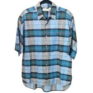 Blueprint Blue Gray Plaid Short Sleeve Button Up Shirt 100% Cotton Men's L